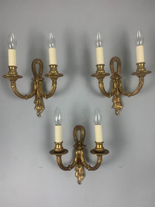 Set of 3 Antique French Gilt Bronze Wall Lights