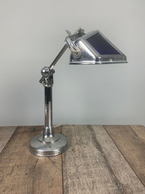 French Art Deco Chrome and Blue Glass Adjustable Desk Light by Pirouette
