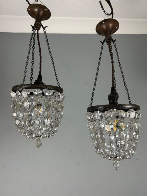 Pair of Dark Framed Crystal Lustre Chandelier, Ceiling Light