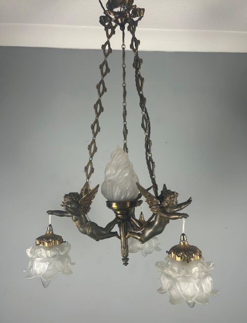 French Bronze 4 Light Cherub Chandelier