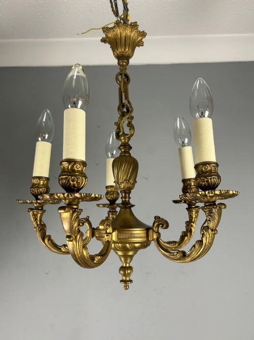 French Gilt Brass 5 Light Antique Chandelier