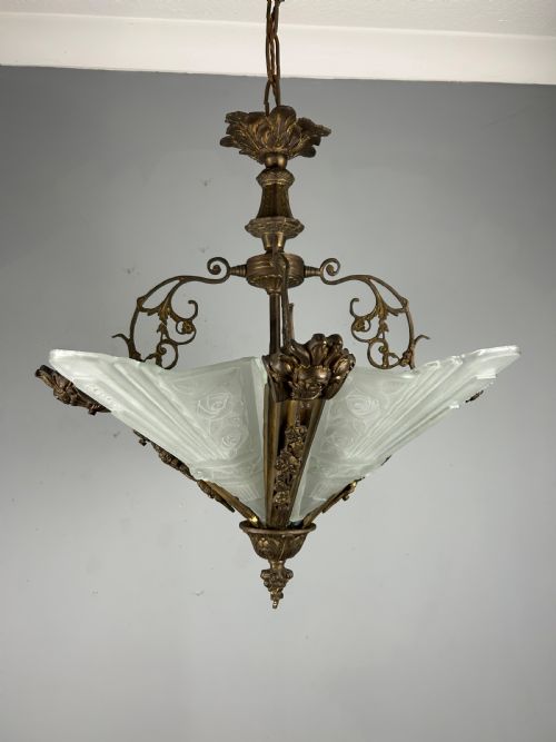 Large French Bronze Art Deco 4 Light Chandelier