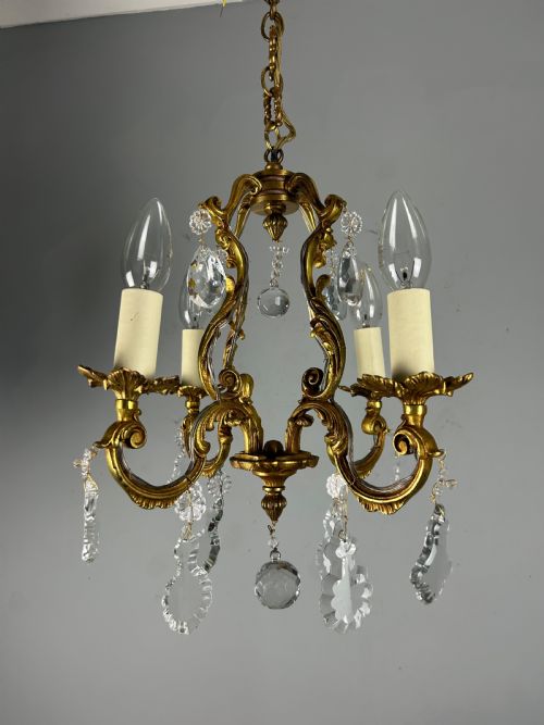 Small French Gilt Brass 4 Light Birdcage Chandelier