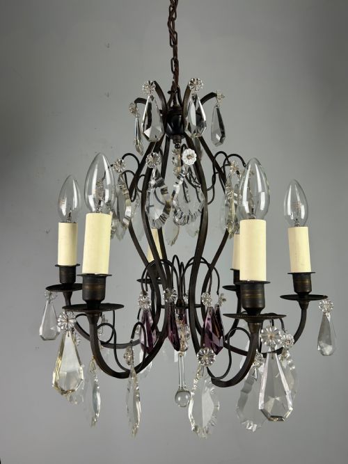 French Dark Brass 6 Light Birdcage Antique Chandelier