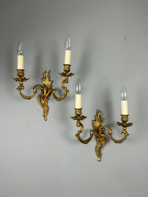 Pair of French Gilt Brass Antique Wall Lights, Rewired