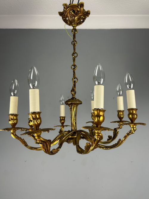 French Gilt Brass 8 Arm Antique Chandelier, Rewired