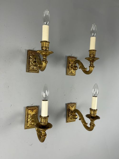 A Set of 4 Single Arm Gilt Brass Antique Wall Lights Rewired