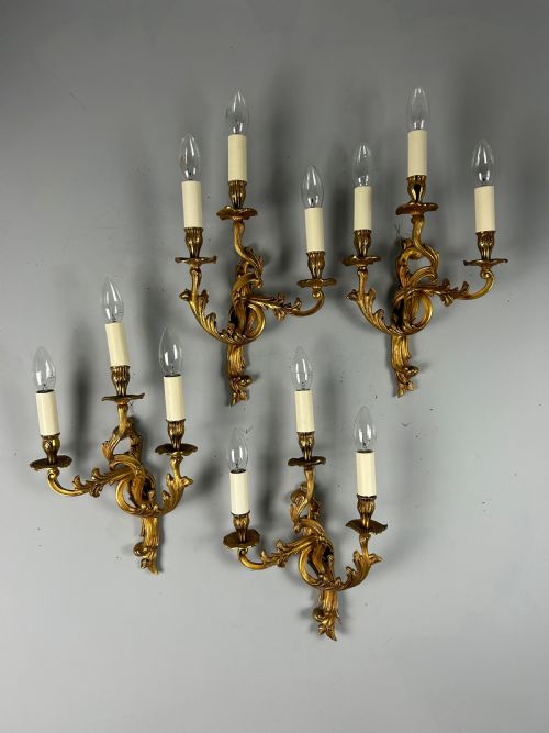 Set of 4 French Gilded Triple Arm Antique Wall Lights