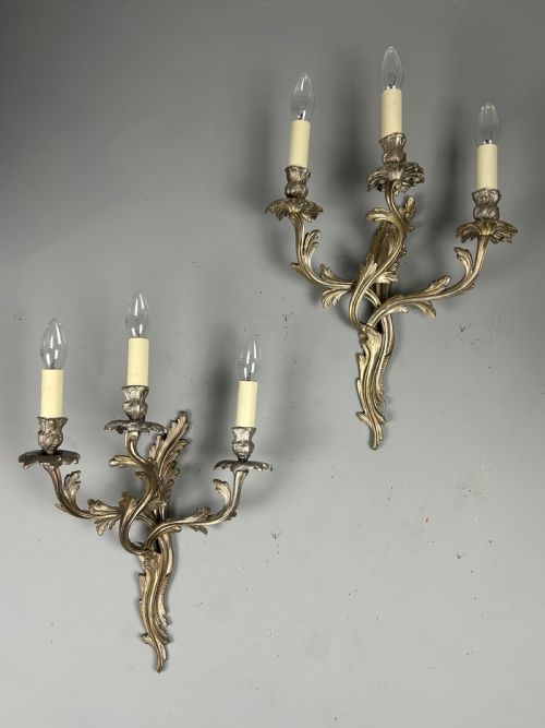 Pair of French Triple Arm Silver Gilt Brass Antique Wall Lights