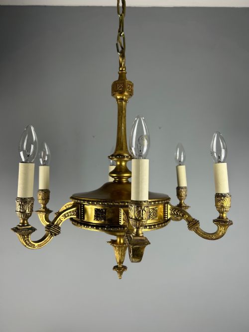 English Art Nouveau C1910 6 Arm Antique Brass Chandelier