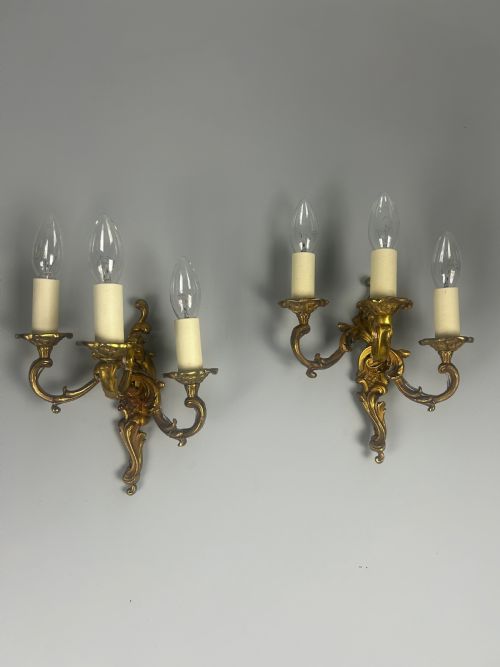 Pair of French Triple Arm Bronze Antique Wall Lights