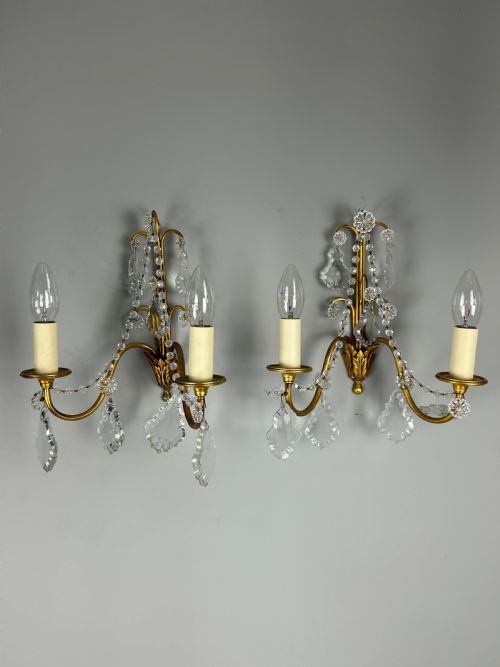 Pair of French Gilded Twin Arm Antique Wall Light with Glass Droppers