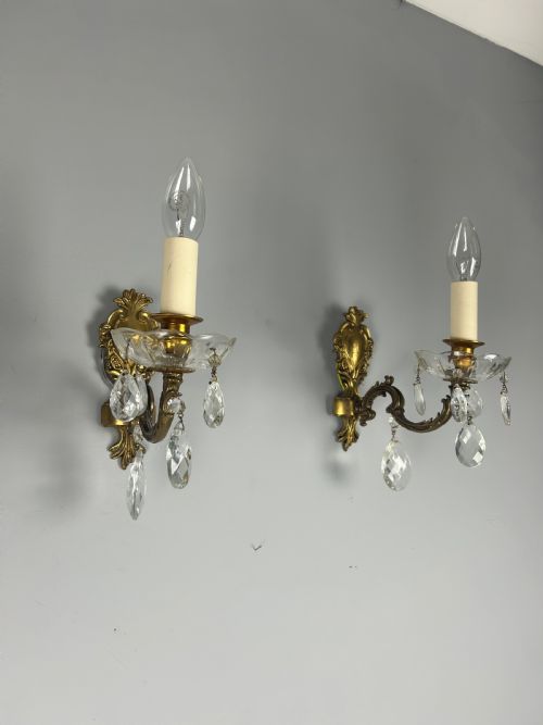 Pair of French Single Arm Brass Antique Wall Lights with Glass Droppers