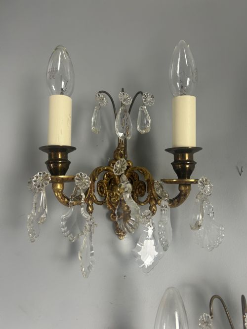 PAIR OF FRENCH GILDED TWIN ARM ANTIQUE WALL LIGHTS WITH CRYSTALS - ADDITIONAL PHOTO 1