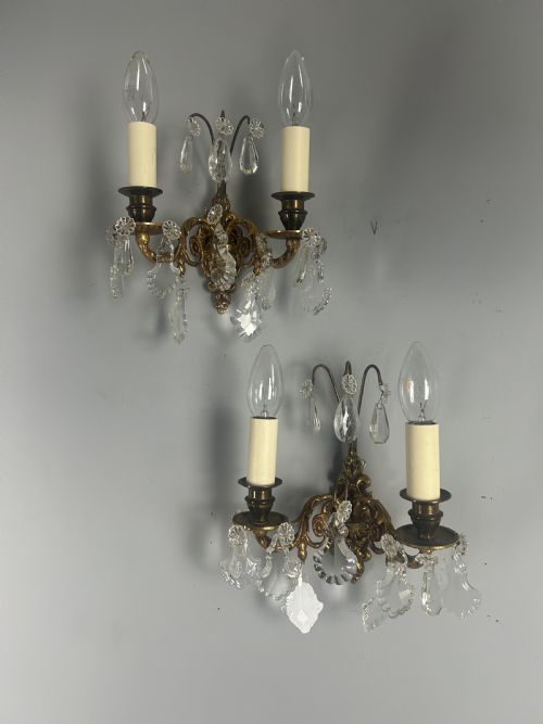 PAIR OF FRENCH GILDED TWIN ARM ANTIQUE WALL LIGHTS WITH CRYSTALS - ADDITIONAL PHOTO 6