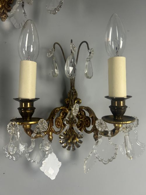 PAIR OF FRENCH GILDED TWIN ARM ANTIQUE WALL LIGHTS WITH CRYSTALS - ADDITIONAL PHOTO 7