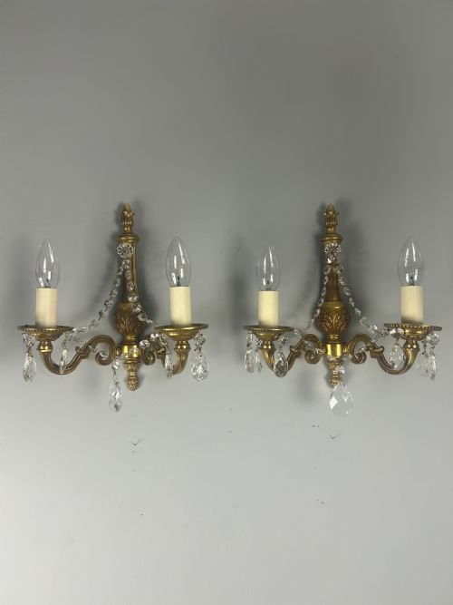 Pair of French Gilded Antique Wall Lights with Crystals
