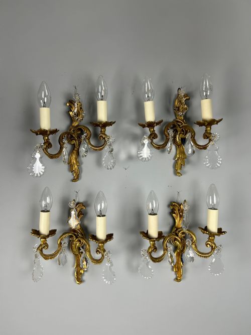 Set of 4 French Gilded Twin Arm Antique Wall Lights with Crystals