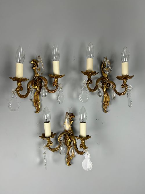 Set of 3 French Gilded Twin Arm Antique Wall Lights with Crystals