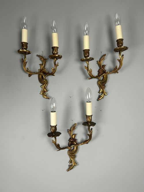 Set of 3 French Gilt Brass Antique Wall Lights
