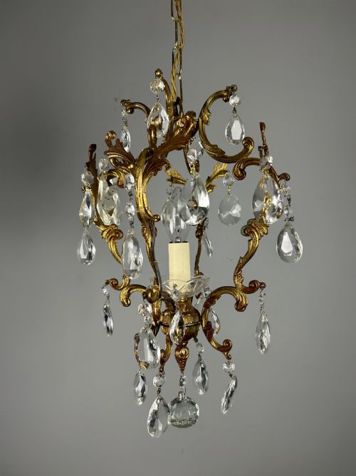 French Single Light Gilt Brass Crystal Antique Chandelier, Ceiling Light
