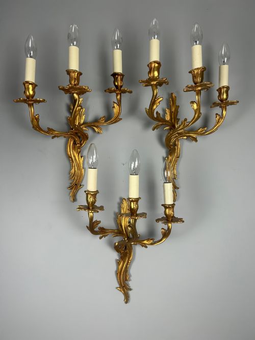 Set of 3 French Large Triple Arm Gilt Brass Antique Wall Lights