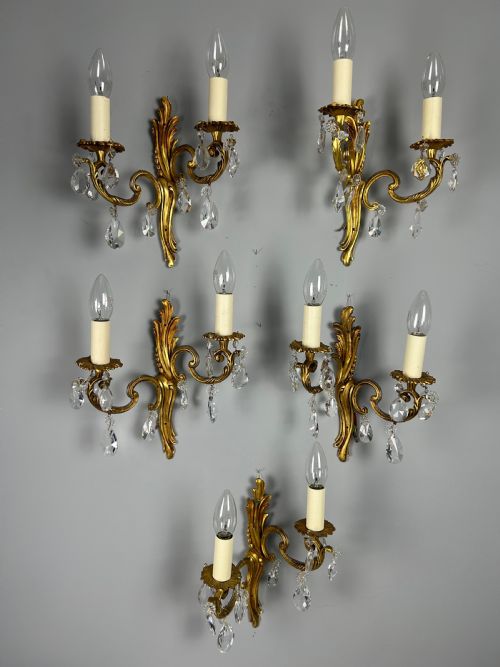 Set of 5 French Gilded Twin Arm Antique Wall Lights with Crystals
