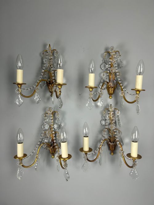Set of 4 French Gilded Twin Arm Antique Wall Light with Crystals