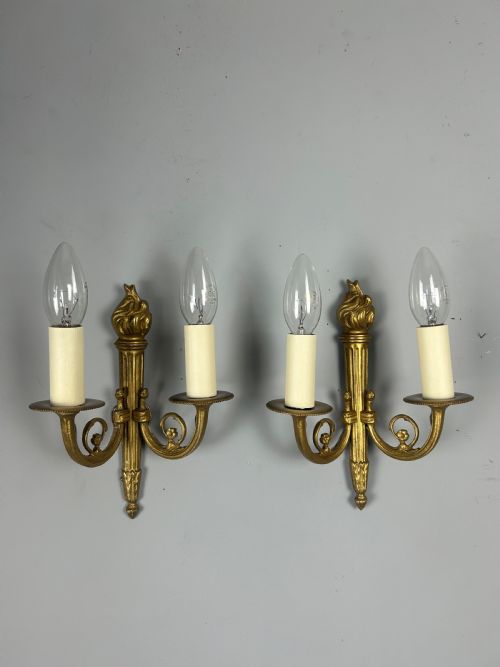 French Pair of Gilded Brass Flame Wall Lights