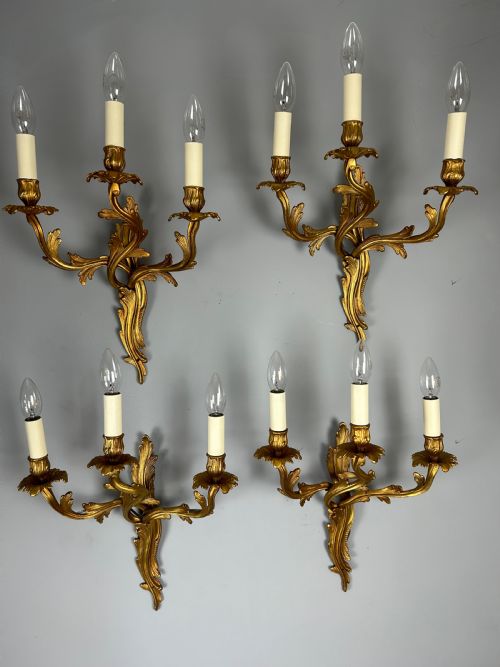 Set of 4 French Large Triple Arm Gilt Brass Antique Wall Lights