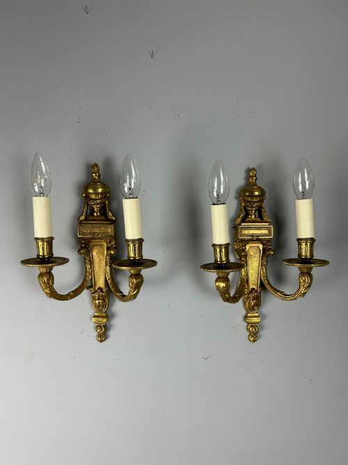 Pair of French Gilt Brass Antique Wall Lights, Rewired