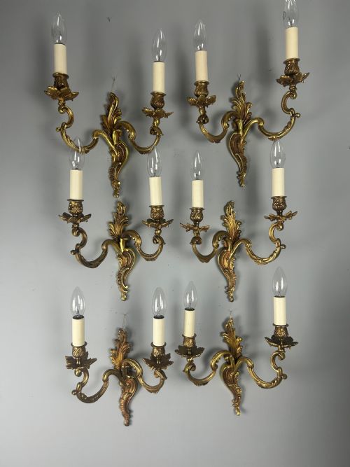 Set of 6 French Gilt Brass Antique Wall Lights, Rewired