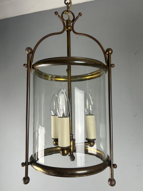 French Triple Light Aged Brass Lantern, Rewired