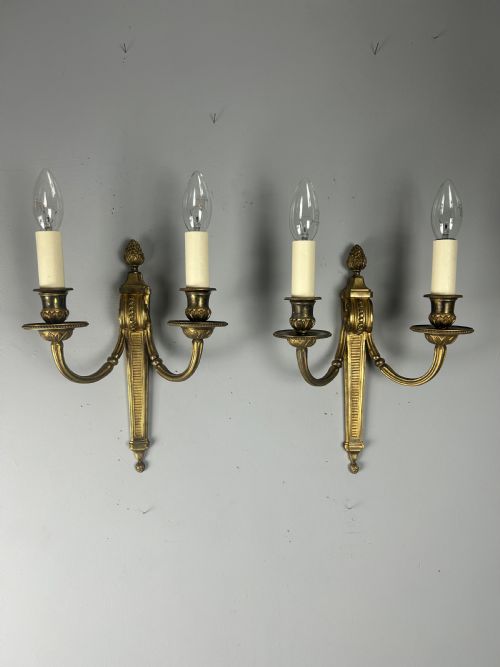 French Gilt Brass Pair of Antique Wall Lights, Rewired and Pat Tested