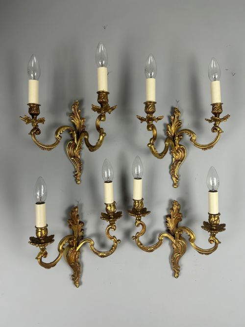 Set of 4 French Gilded Twin Arm Antique Wall Lights, Rewired & Pat Tested