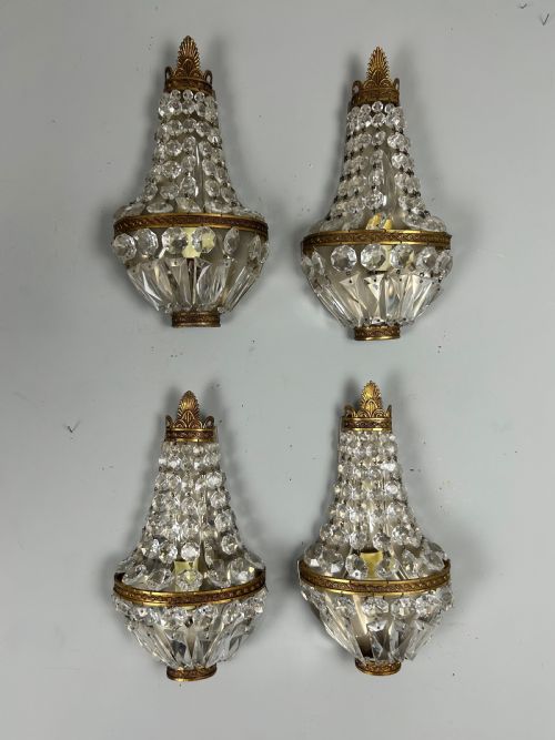 Set of 4 Single Light French Montgolfier Crystal Antique Wall Lights