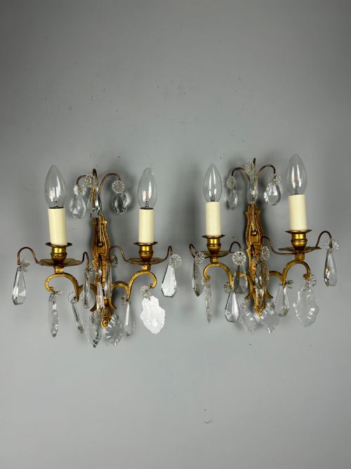 Pair of French Gilded Twin Arm Antique Wall Lights with Crystals