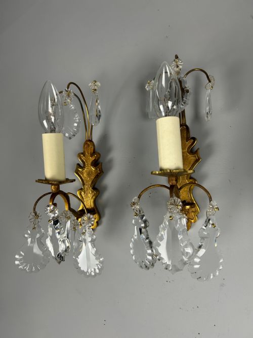 French Pair of Single Arm Antique Crystal Gilt Brass Wall Lights