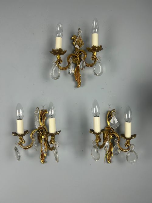 Set of 3 French Gilded Twin Arm Antique Wall Lights with Crystals