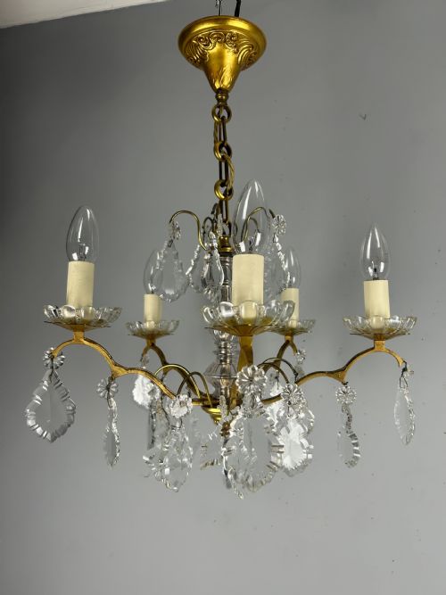 FRENCH GILDED BRASS 5 LIGHT ANTIQUE CRYSTAL CHANDELIER - ADDITIONAL PHOTO 10