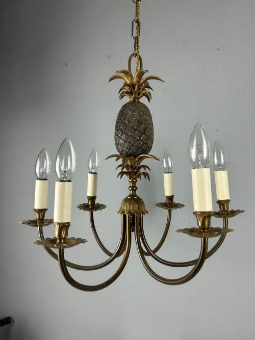French Gilt Brass Pineapple 6 Light Hollywood Chandelier