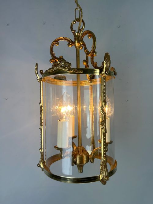 FRENCH GILDED BRASS TRIPLE LIGHT ANTIQUE LANTERN - ADDITIONAL PHOTO 3