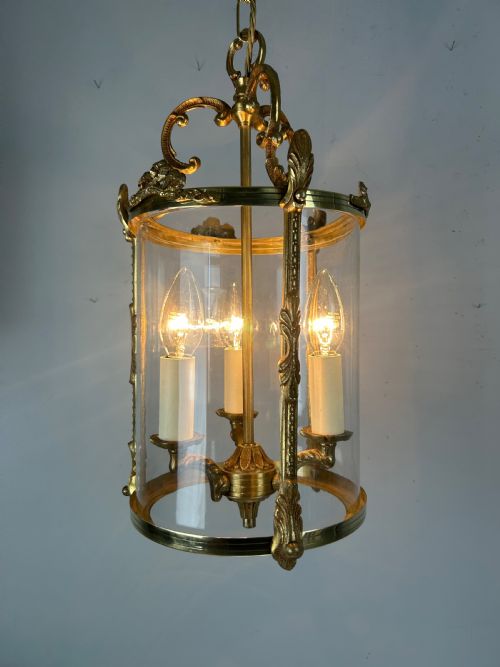 FRENCH GILDED BRASS TRIPLE LIGHT ANTIQUE LANTERN - ADDITIONAL PHOTO 4