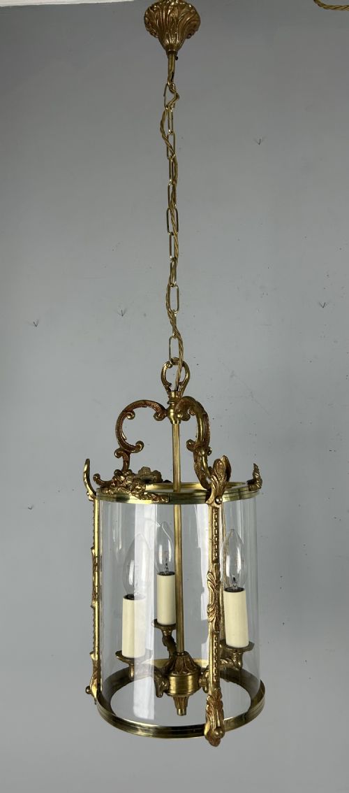 FRENCH GILDED BRASS TRIPLE LIGHT ANTIQUE LANTERN - ADDITIONAL PHOTO 6