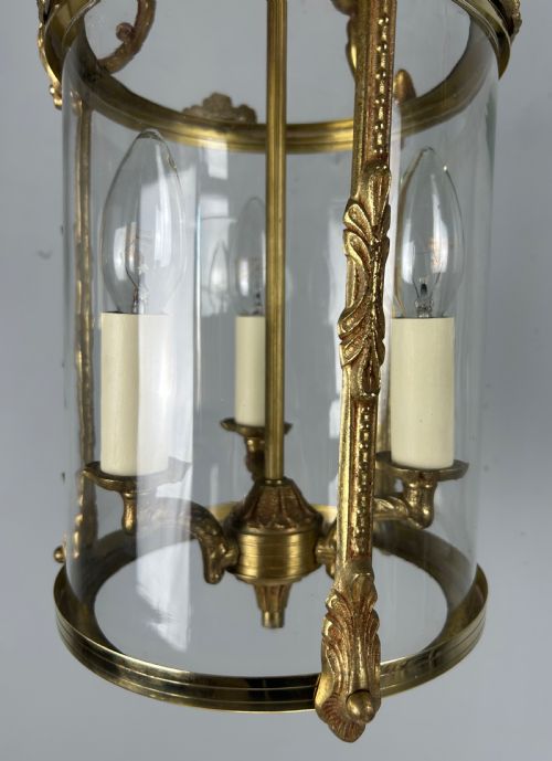 FRENCH GILDED BRASS TRIPLE LIGHT ANTIQUE LANTERN - ADDITIONAL PHOTO 9