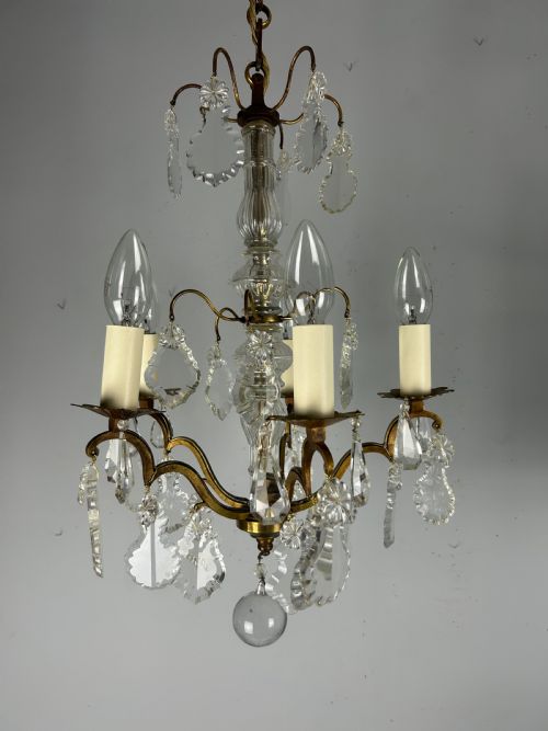 French Gilded Brass 5 Light Antique Crystal Chandelier