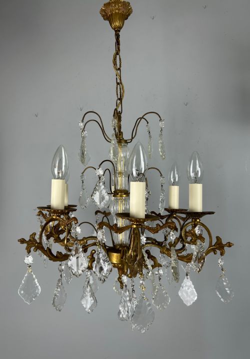 French Gilded Brass 6 Light Antique Crystal Chandelier