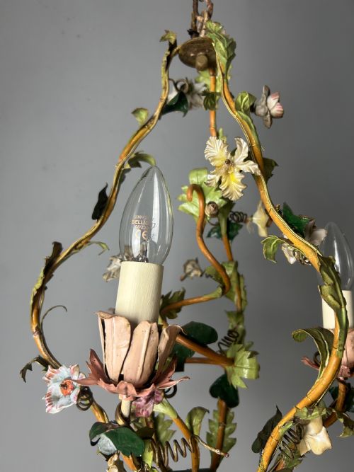 fig 1. French Toleware Floral 3 Light Antique Chandelier, Ceiling Light