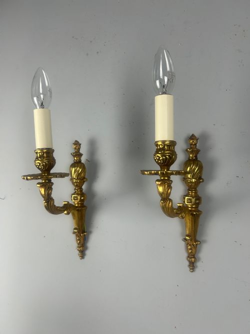 French Pair of Single Arm Antique Gilt Brass Wall Lights