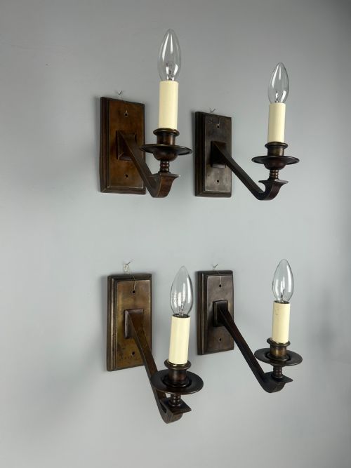 Set of 4 English Bronzed Brass Single Arm Library Wall Lights, Rewired